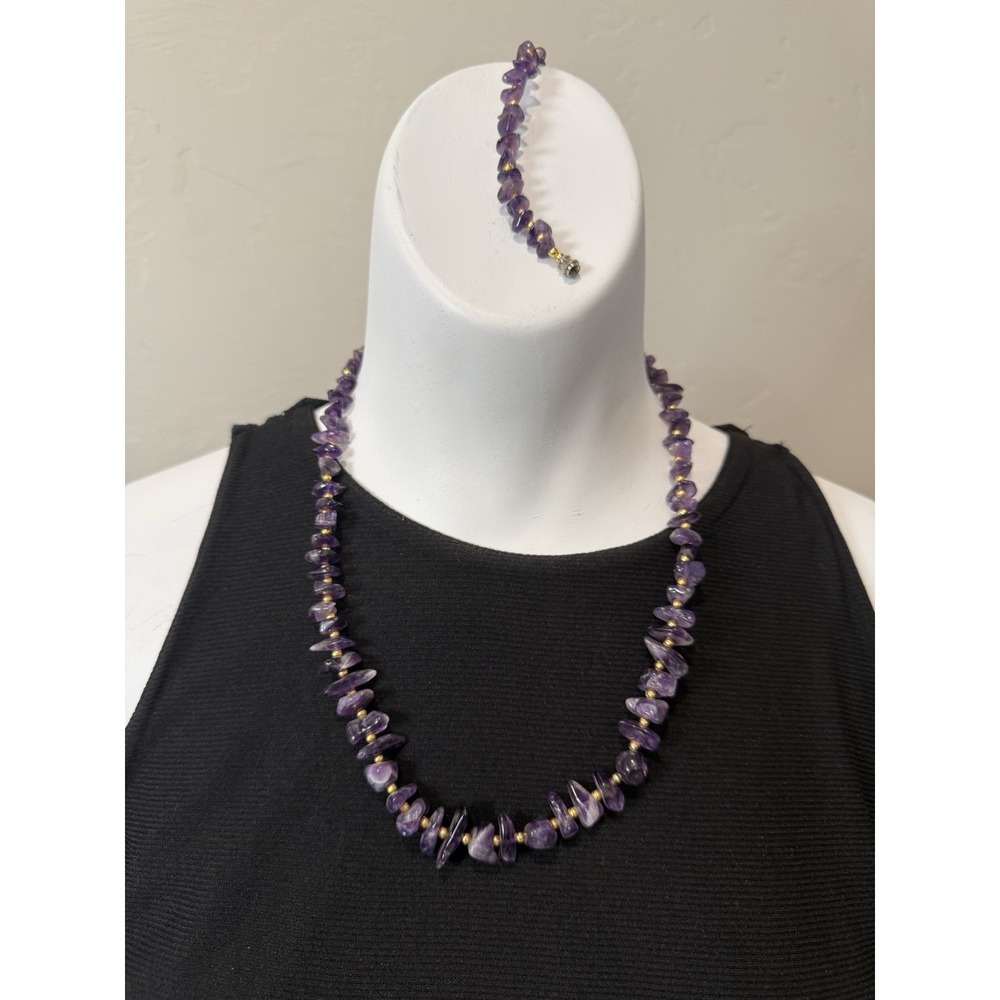Vintage Set Purple Amethyst Chip Nugget Necklace 20" & Matching Bracelet 7"Retro